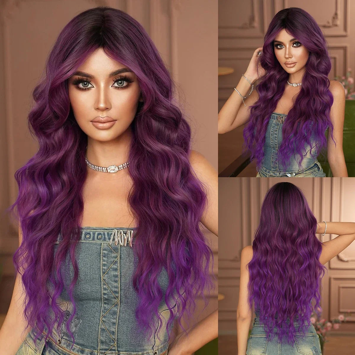 Woman with purple wavy wig styled in wavy locks, wearing a denim outfit.