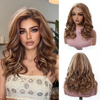 Woman with styled brown blonde wig next to a mannequin head.