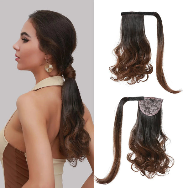 Woman with styled hair and a close-up of a brown hair extension on a white background