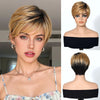 Woman with styled hair and wig on a mannequin head, showing front, side, and back views