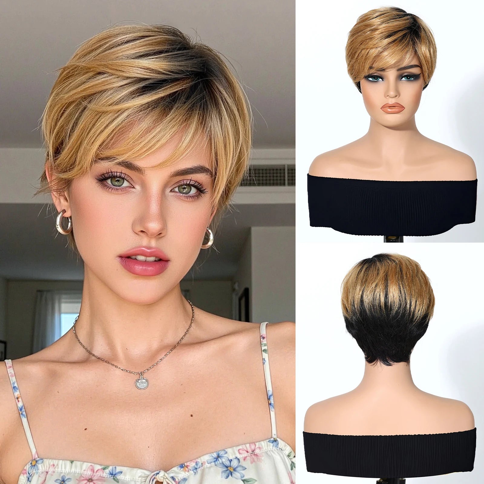 Woman with styled hair and wig on a mannequin head, showing front, side, and back views