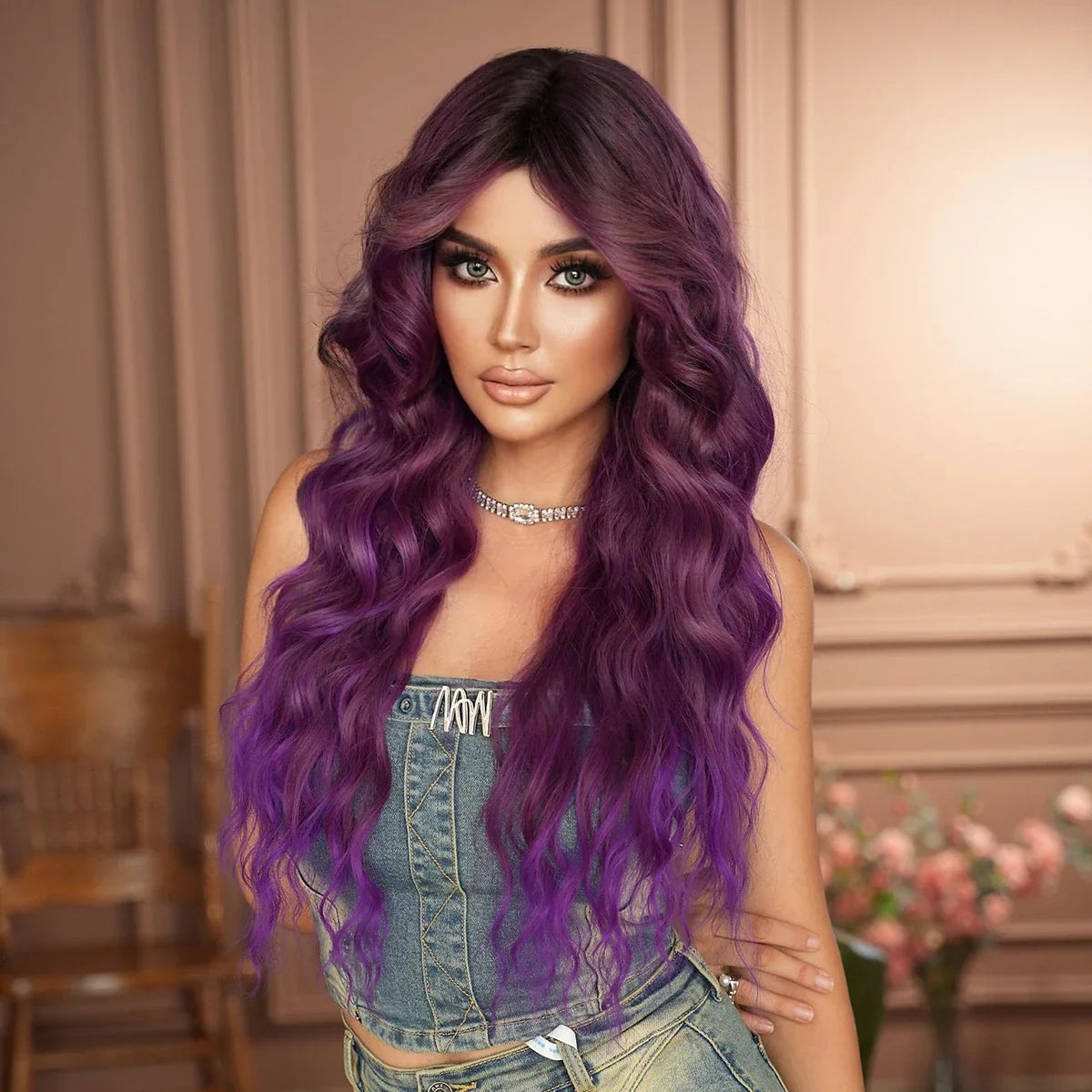 Woman with vibrant purple wig in a stylish setting