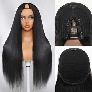 Yaki Straight U Part Wig made from 100% human hair on mannequin