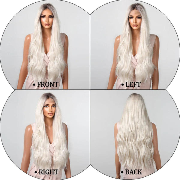 ack view of long straight platinum blonde wig on mannequin