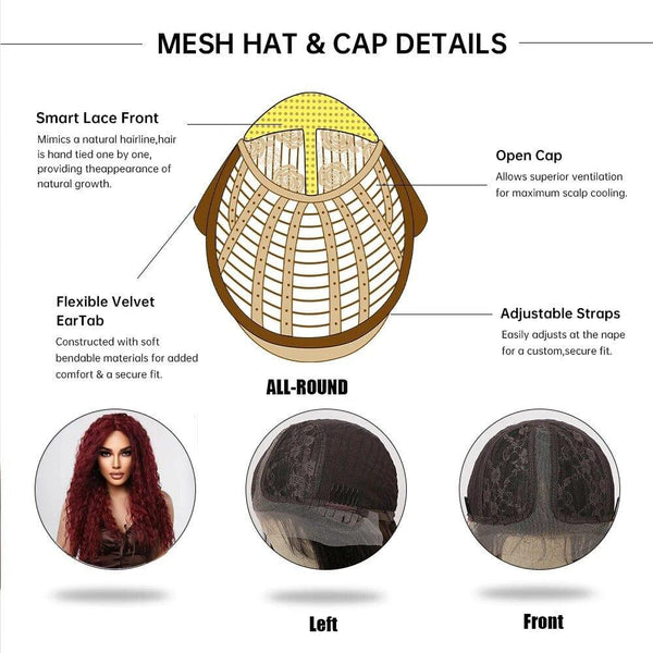 adjustable cap on inside of red synthetic wig for secure fit