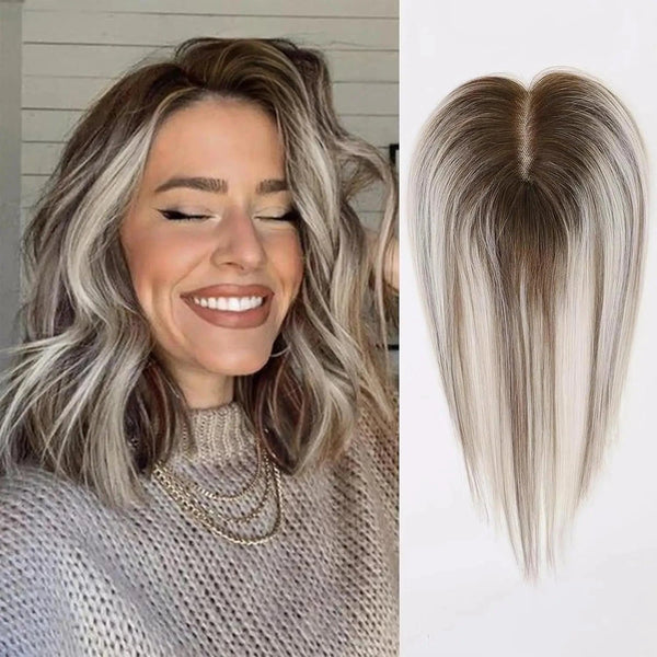 air topper for women in highlighted blonde shade on model