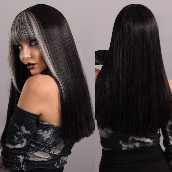 Stylonic Fashion Boutique Synthetic Wig Black Wig with Silver Bangs Wigs - Silver Wigs | Black Wig with Silver Bangs | Stylonic