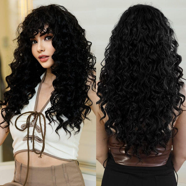 close-up of tight black curls on wig