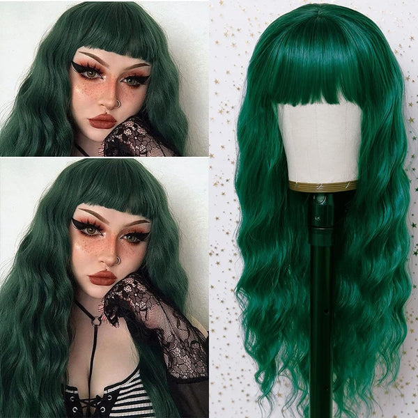 Stylonic Fashion Boutique Synthetic Wig Long Wavy Green Wig with Bangs Wigs - Long Wavy Green Wig with Bangs - Stylonic Fashion Boutique