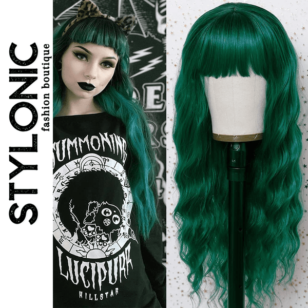 Stylonic Fashion Boutique Synthetic Wig Long Wavy Green Wig with Bangs Long Wavy Green Wig with Bangs - Stylonic Wigs