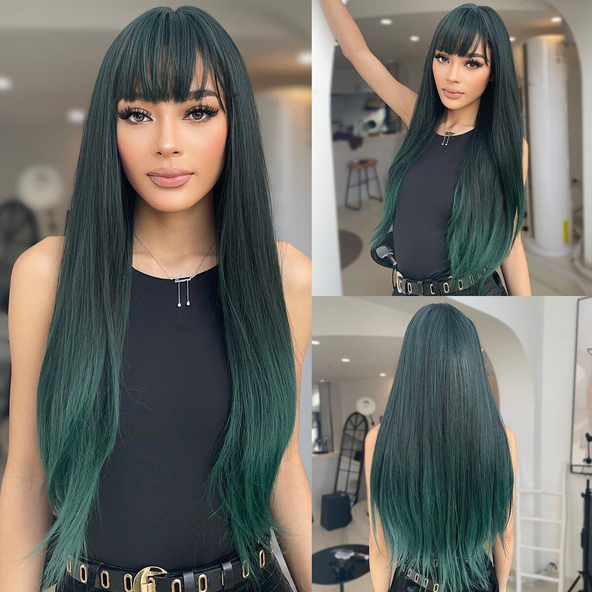 long green ombre wig with bangs