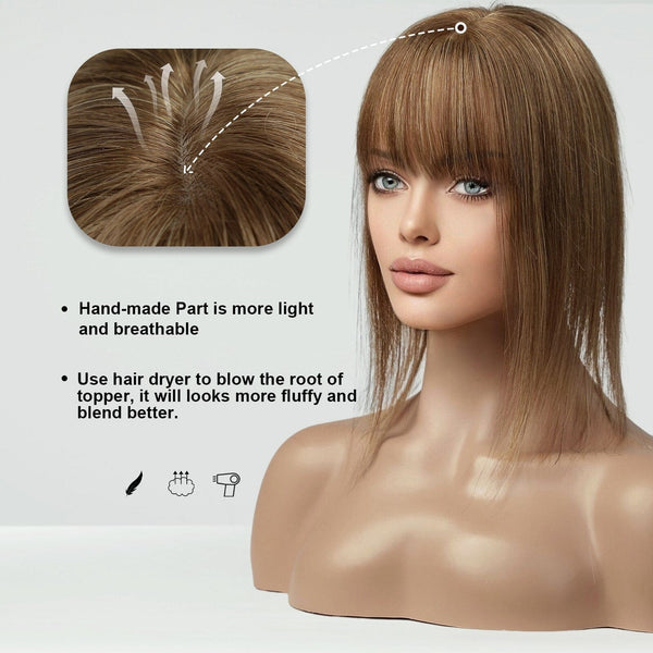 Stylonic Fashion Boutique Hair Topper Mixed Brown / 3.5X4inch 30cm Remy Human Hair Toppers with Bangs Remy Human Hair Topper with Bangs - Stylonic Wigs