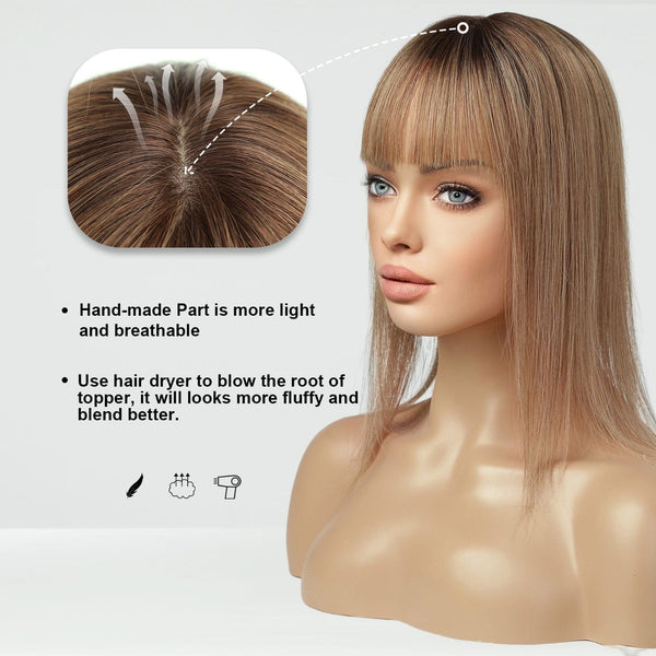 Stylonic Fashion Boutique Hair Topper Ombre Light Brown / 3X5inch 25cm Remy Human Hair Toppers with Bangs Remy Human Hair Topper with Bangs - Stylonic Wigs