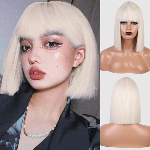 Stylonic Fashion Boutique Synthetic Wig Short Platinum Blonde Wig with Bangs Short Platinum Blonde Wig with Bangs - Stylonic Wigs