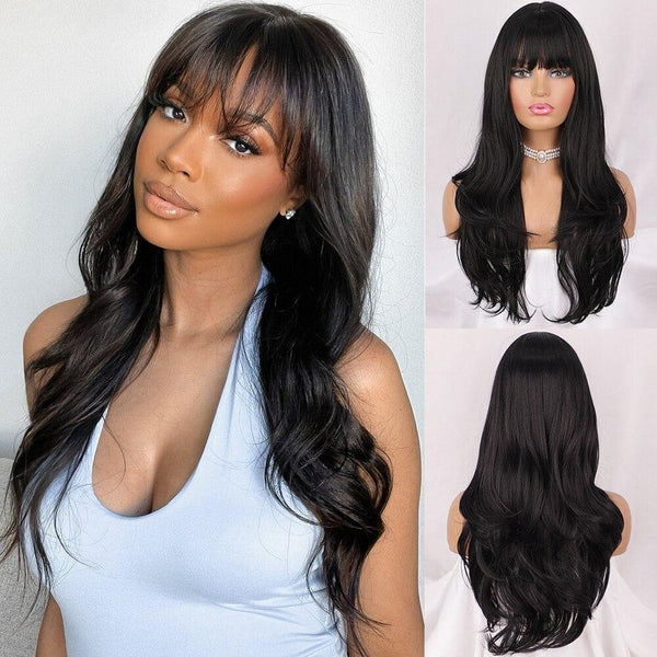 sleek black wig with fringe