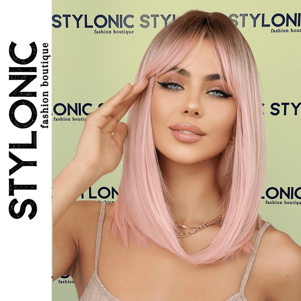 Stylonic Fashion Boutique Synthetic Wig 8501 Soft Straight Pink Wig With Dark Roots Soft Straight Pink Wig With Dark Roots -  Stylonic Wigs