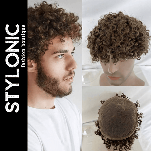 Stylonic Fashion Boutique Toupee Toupee for Men Small Curly 100% Human Hair Brown Toupee for Men Small Curly 100% Human Hair Brown - Stylonic Wigs