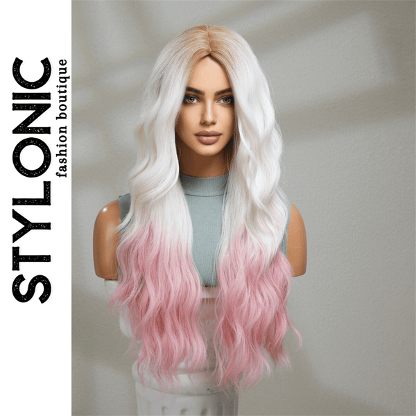 Stylonic Fashion Boutique Synthetic Wig White Pink Wig Synthetic Wavy Wig White Pink Wig Synthetic Wavy Wig - Stylonic Wigs
