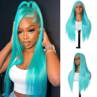 woman wearing a mint green wig with a close-up of the wig on a mannequin head.